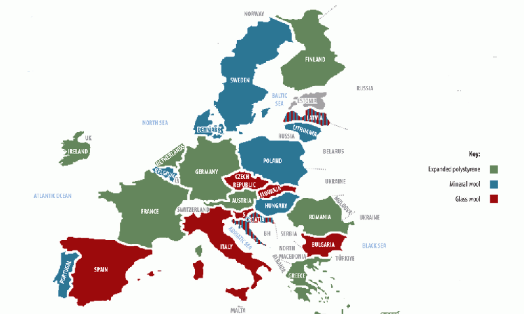 Figure 2: Map of the EU, with insulation-producing states shaded by main type of insulation. BH = Bosnia and Herzegovina; L = Luxembourg; S = Slovenia. Source: Research towards the Global Insulation Directory 2024.